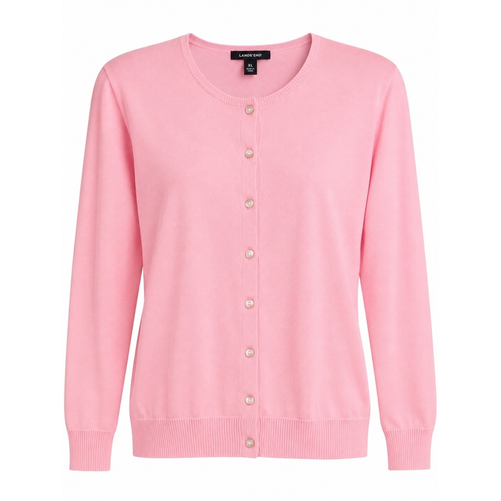 Lands End Cardigan Sweater Womens XL Pink Cotton Blend Button Front Crew Neck